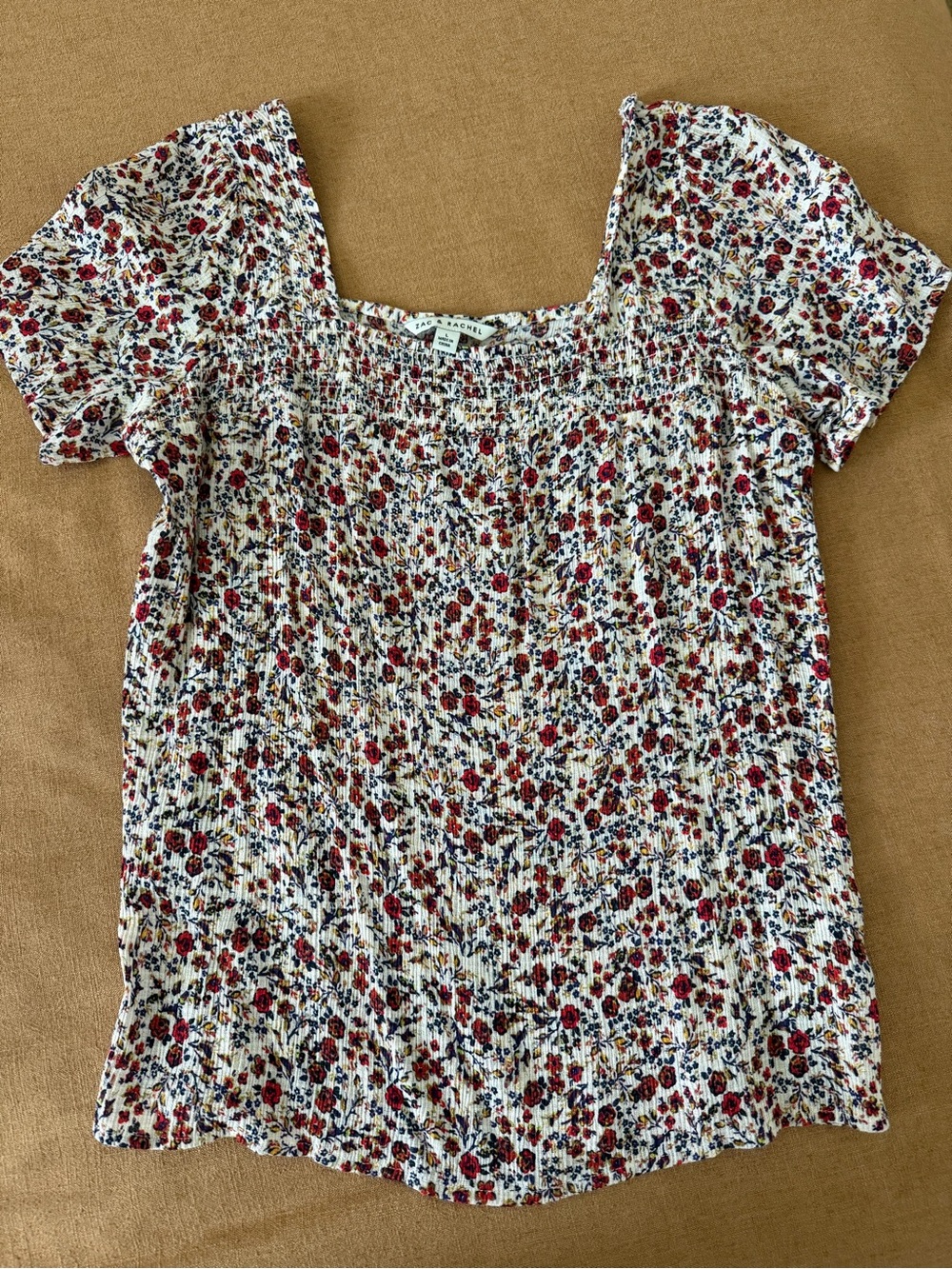 Zac & Rachel Cream Floral Smocked Square-Neck Top - Red & Navy Print